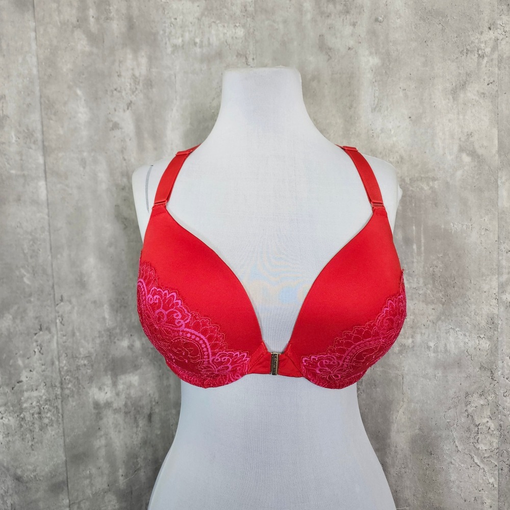 Cacique Boost Plunge Bra 40DDD Red Pink‎ Lace Racerback Underwire Front Clasp